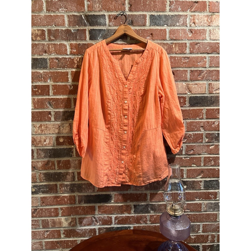 JM Collection Blouse 100% Cotton Sz 1x Peach Floral Geometric Embroidery